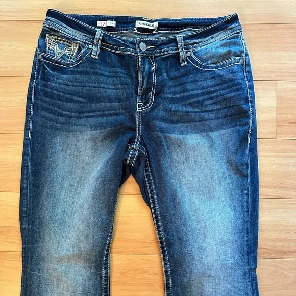 Vigoss Dark Blue Flare Jeans size 18 embellished pockets like new bootcut faded - Picture 5 of 14